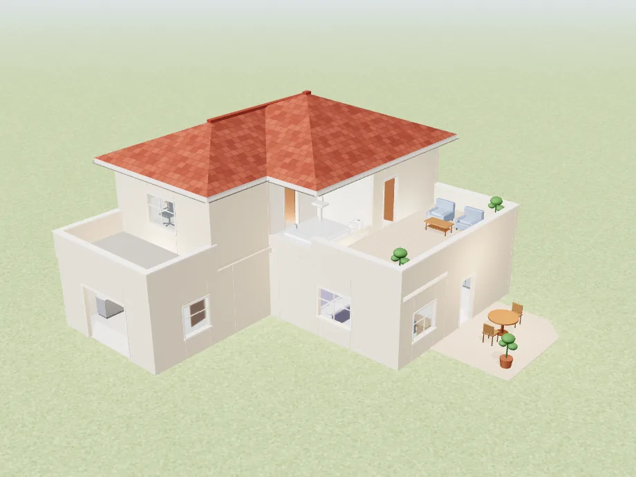 The starter house in 3D: a two-storey L with a pitched tile roof, a terrace and a patio