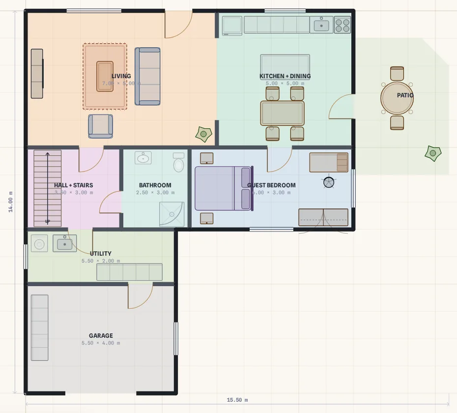 The ground floor as a measured 2D plan with rooms, doors, windows and furniture